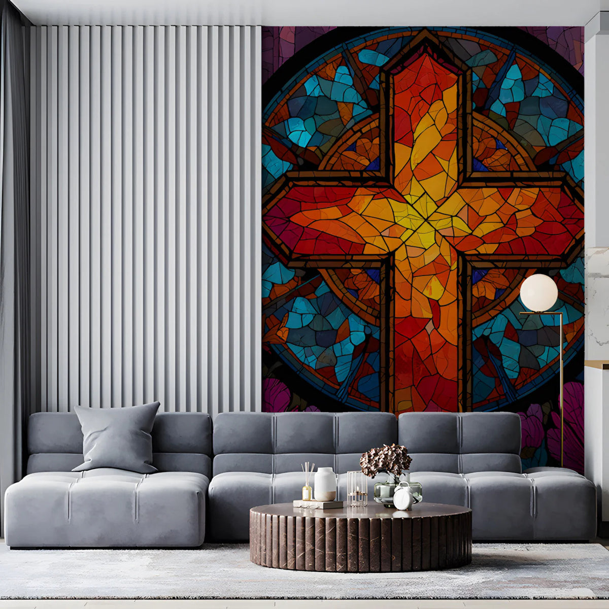 Stained Glass Cross Mural Wallpaper — Vibrant Artistic Motif Mural Wallpaper - room preview 03