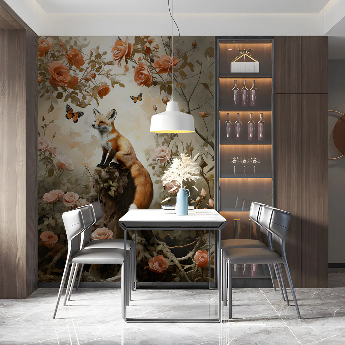 Fox and Rose Garden Mural Wallpaper — Whimsical Nature Scene Mural Wallpaper - room preview 03