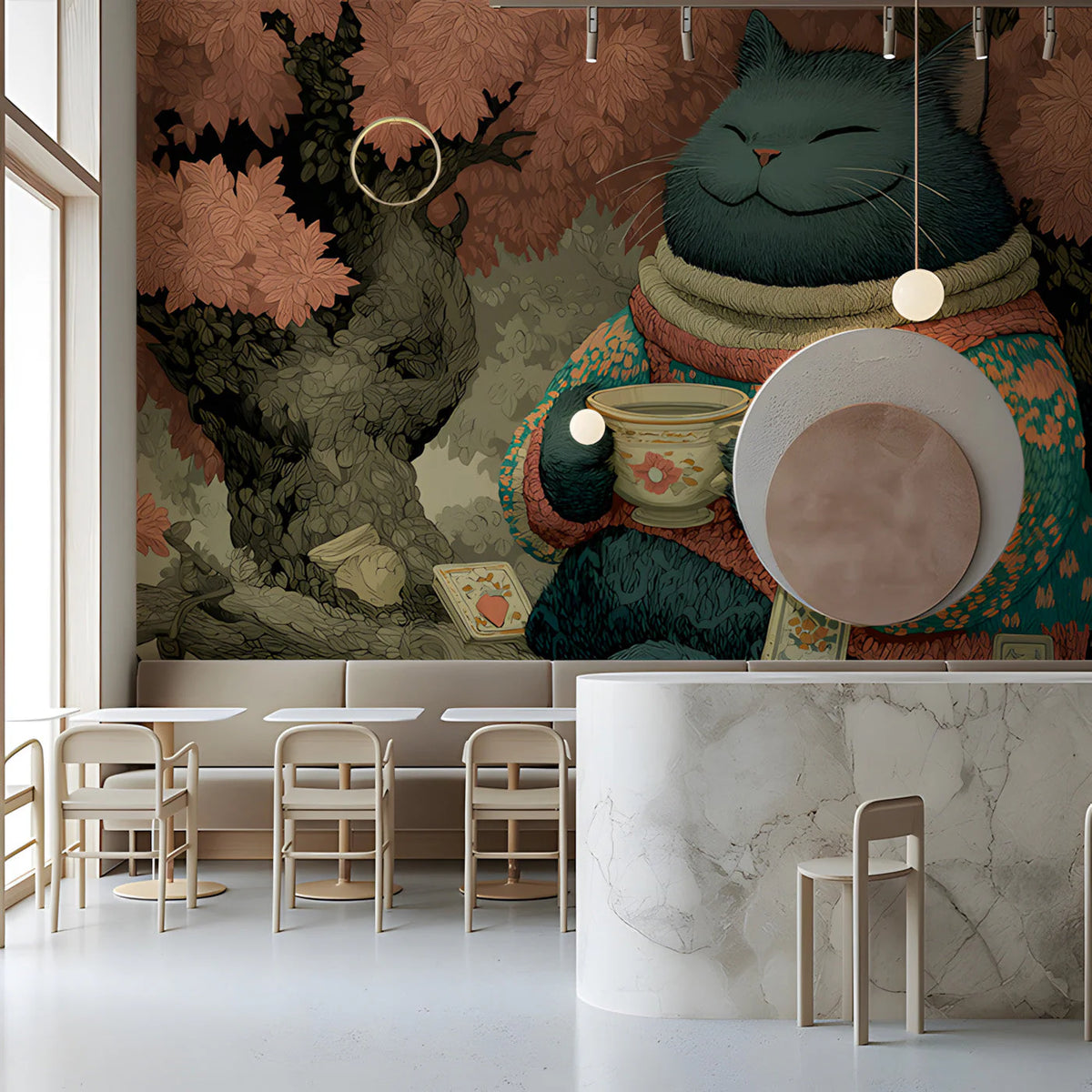 Cozy Whimsical Cat Mural Wallpaper in Blush and Teal Mural Wallpaper - room preview 03