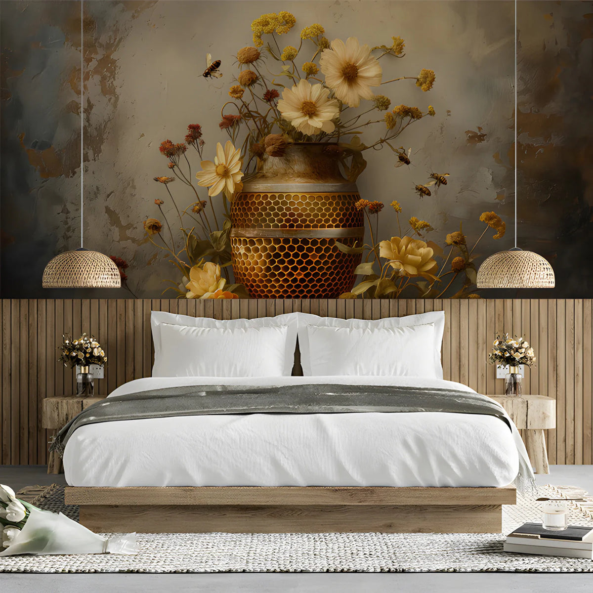 Honeybee and Wildflower Mural Wallpaper — Botanical Art Mural Wallpaper - room preview 03