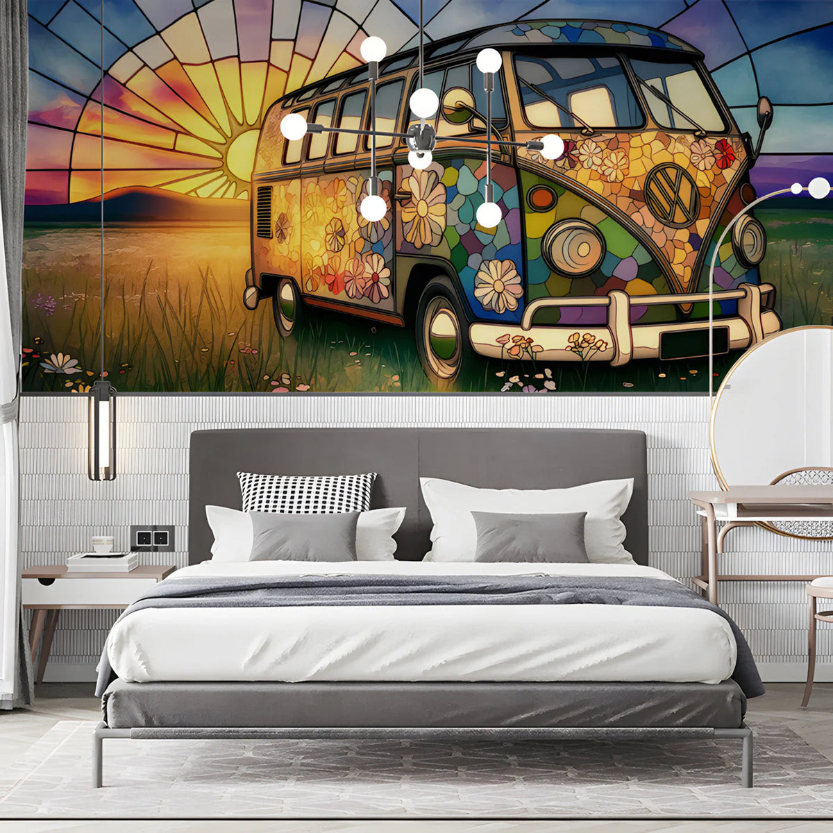 Stained Glass Vintage Van Mural Wallpaper — Whimsical Travel Scene Mural Wallpaper - room preview 03