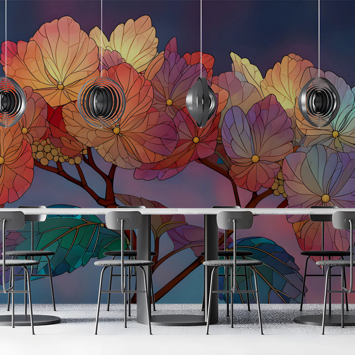 Stained Glass Hydrangea Mural Wallpaper — Vibrant Floral Art Mural Wallpaper - room preview 03