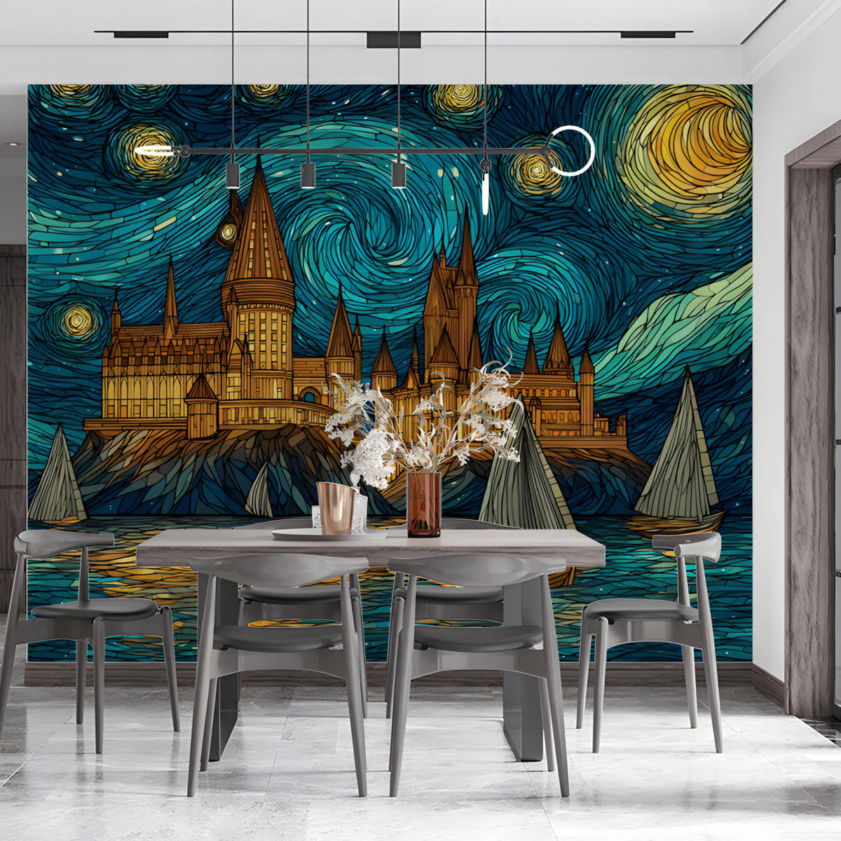 Starry Night Gothic Castle Mural Wallpaper for Magical Interiors Mural Wallpaper - room preview 03