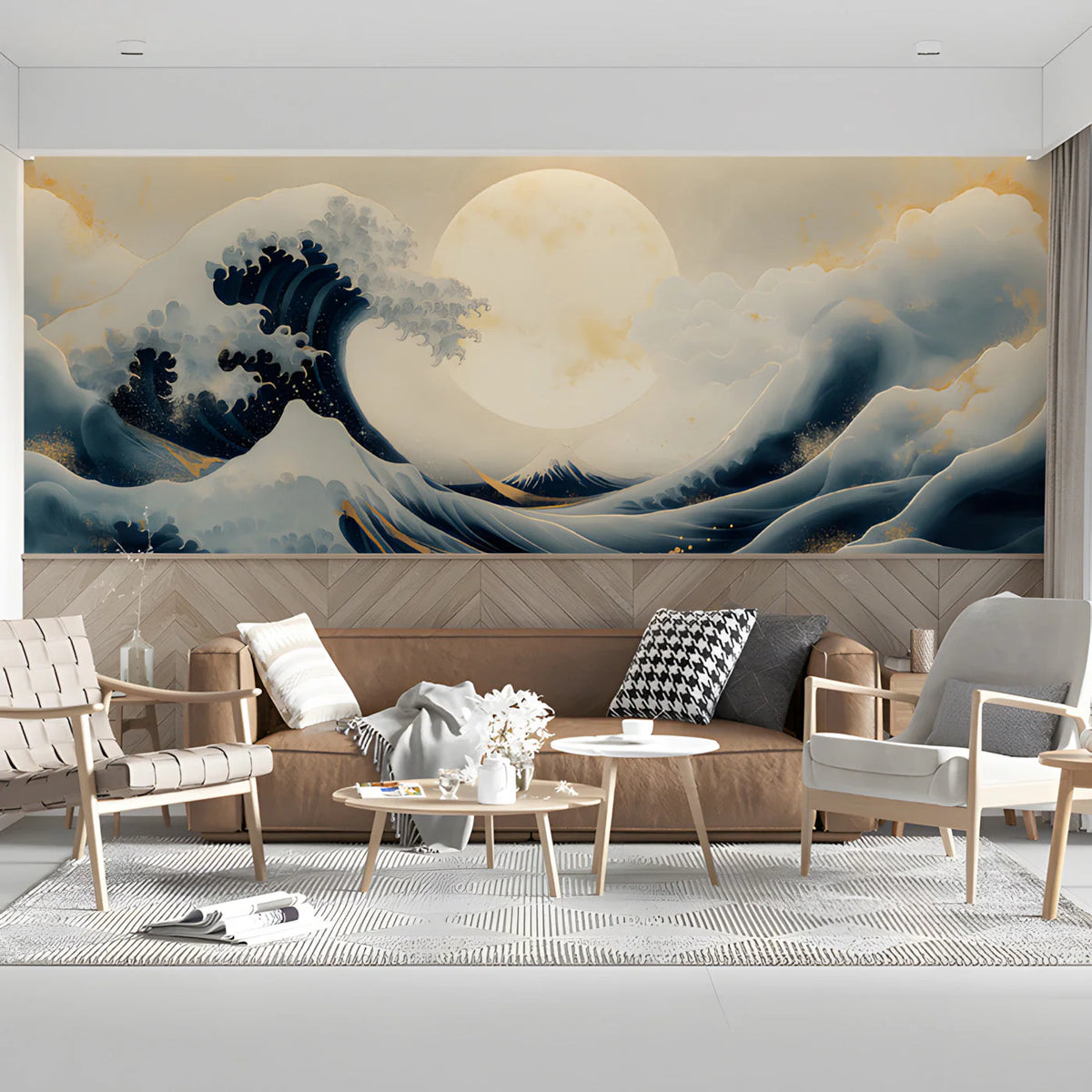 Great Wave Lunar Mural Wallpaper in Navy and Soft Gold Mural Wallpaper - room preview 03