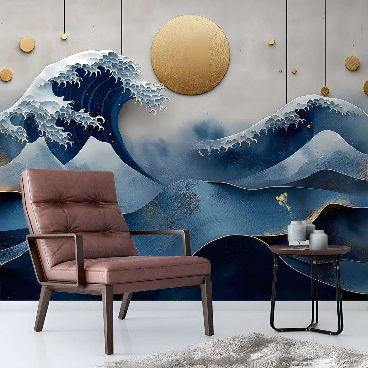 Japanese Wave Mural Wallpaper with Golden Accents Mural Wallpaper - room preview 03