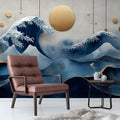 Japanese Wave Mural Wallpaper with Golden Accents Mural Wallpaper - room preview 03