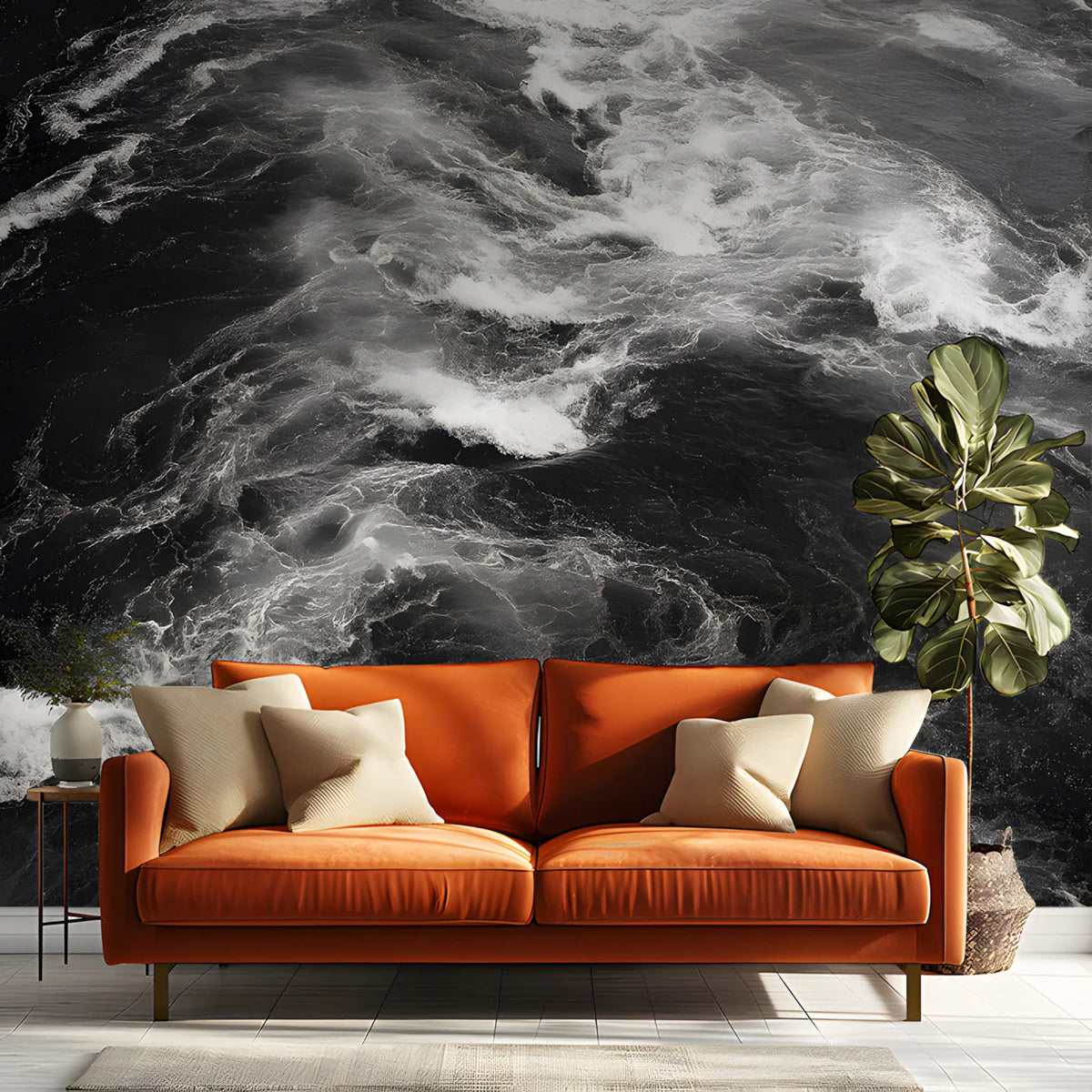 Turbulent Water Monochrome Mural Wallpaper — Dramatic Nature Mural Wallpaper - room preview 03