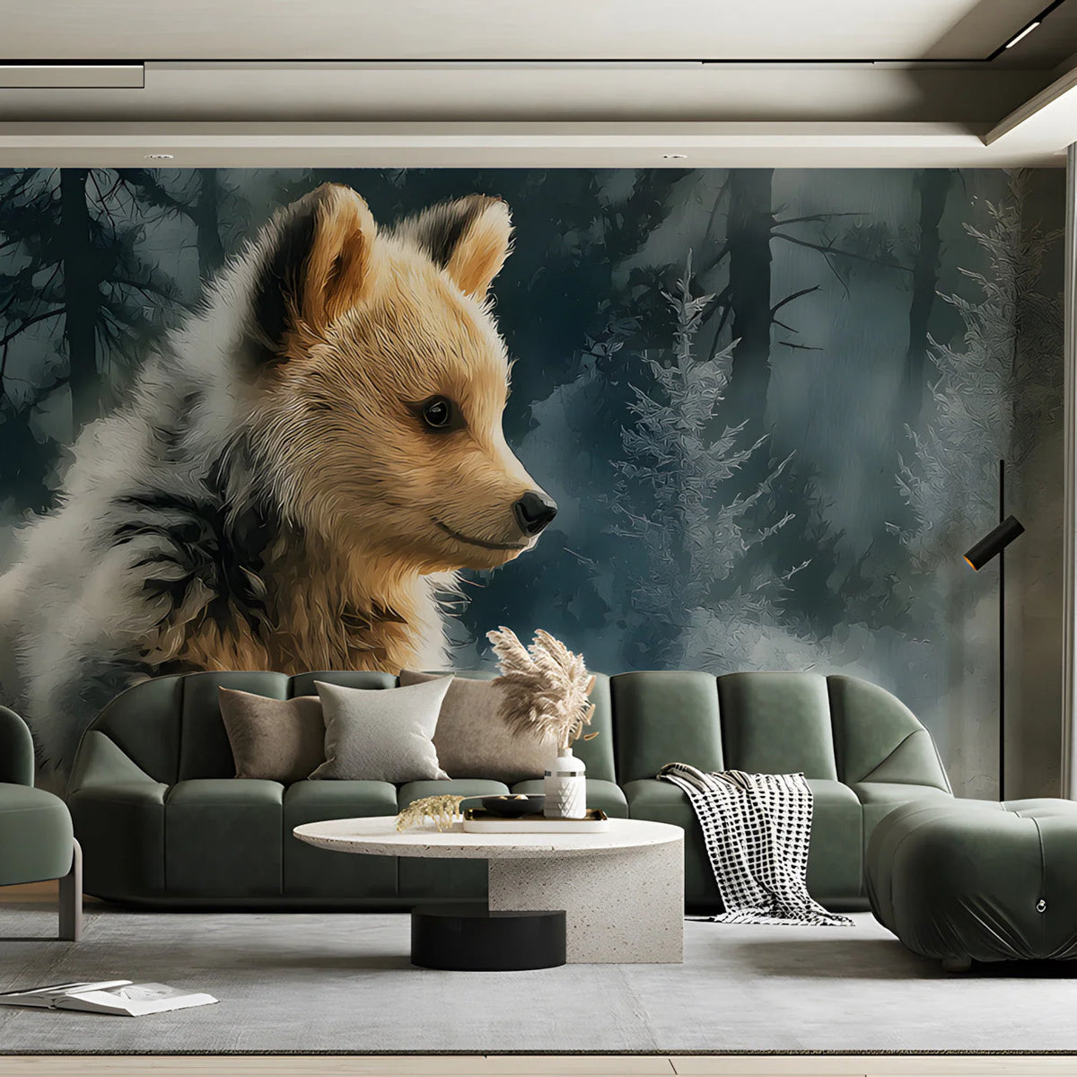 Winter Bear Cub Mural Wallpaper —Cozy Woodland Artistic Scene Mural Wallpaper - room preview 03