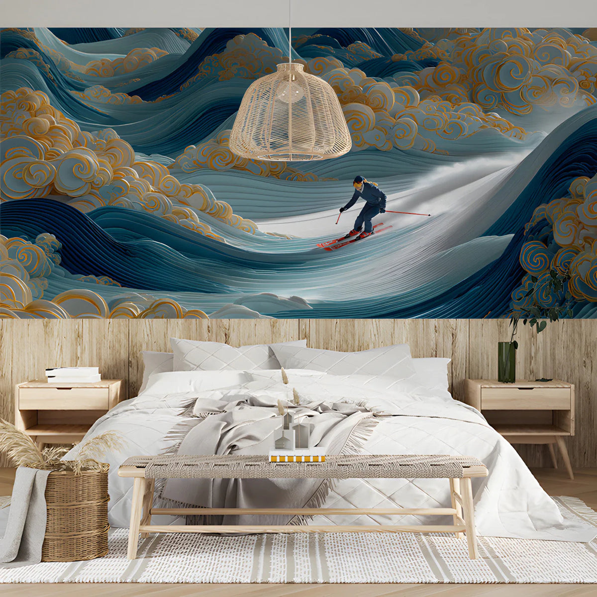 Alpine Wave Mural Wallpaper with Stylized Gold Clouds Mural Wallpaper - room preview 03