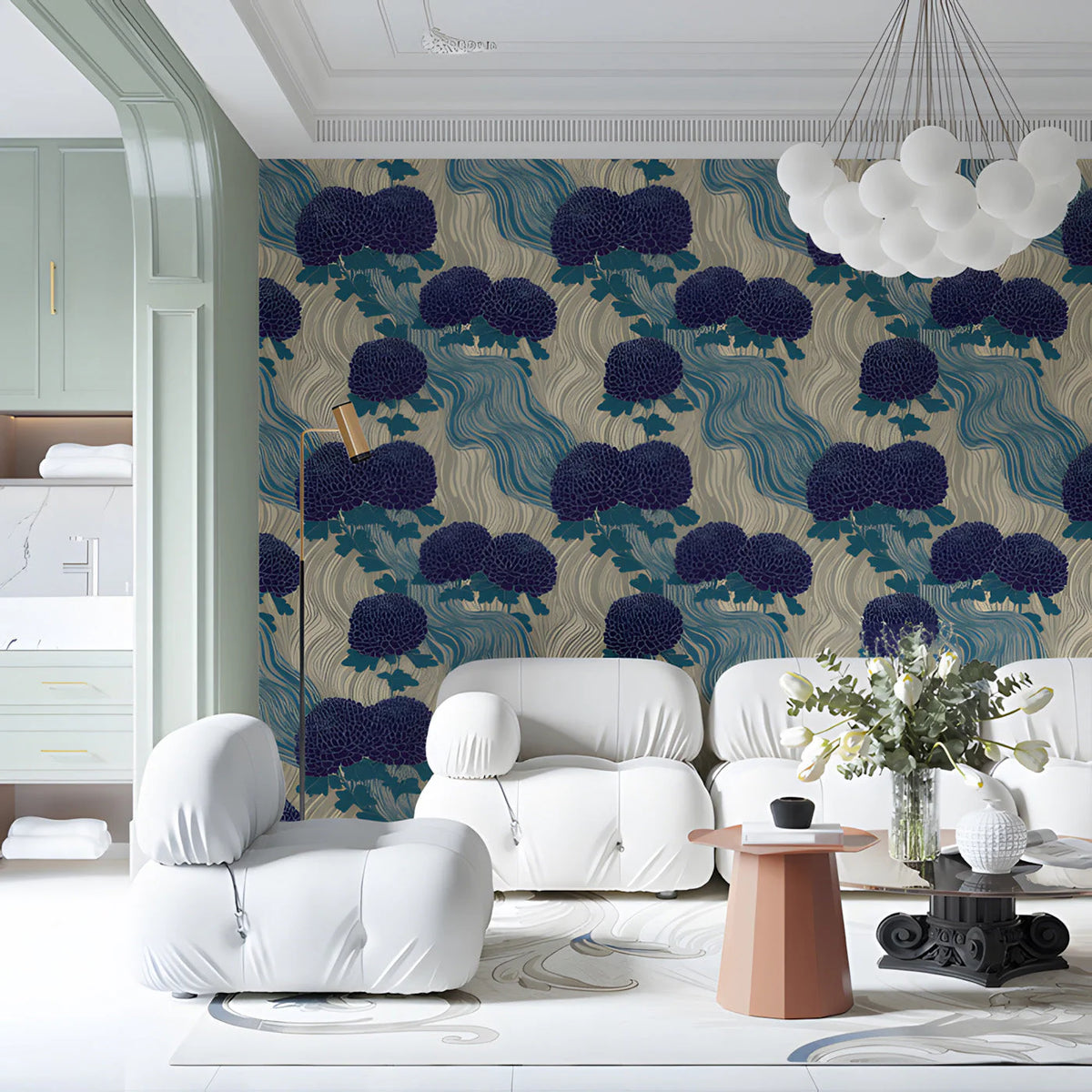 Chrysanthemum Bloom Mural Wallpaper — Stylized Botanical Mural Wallpaper - room preview 03