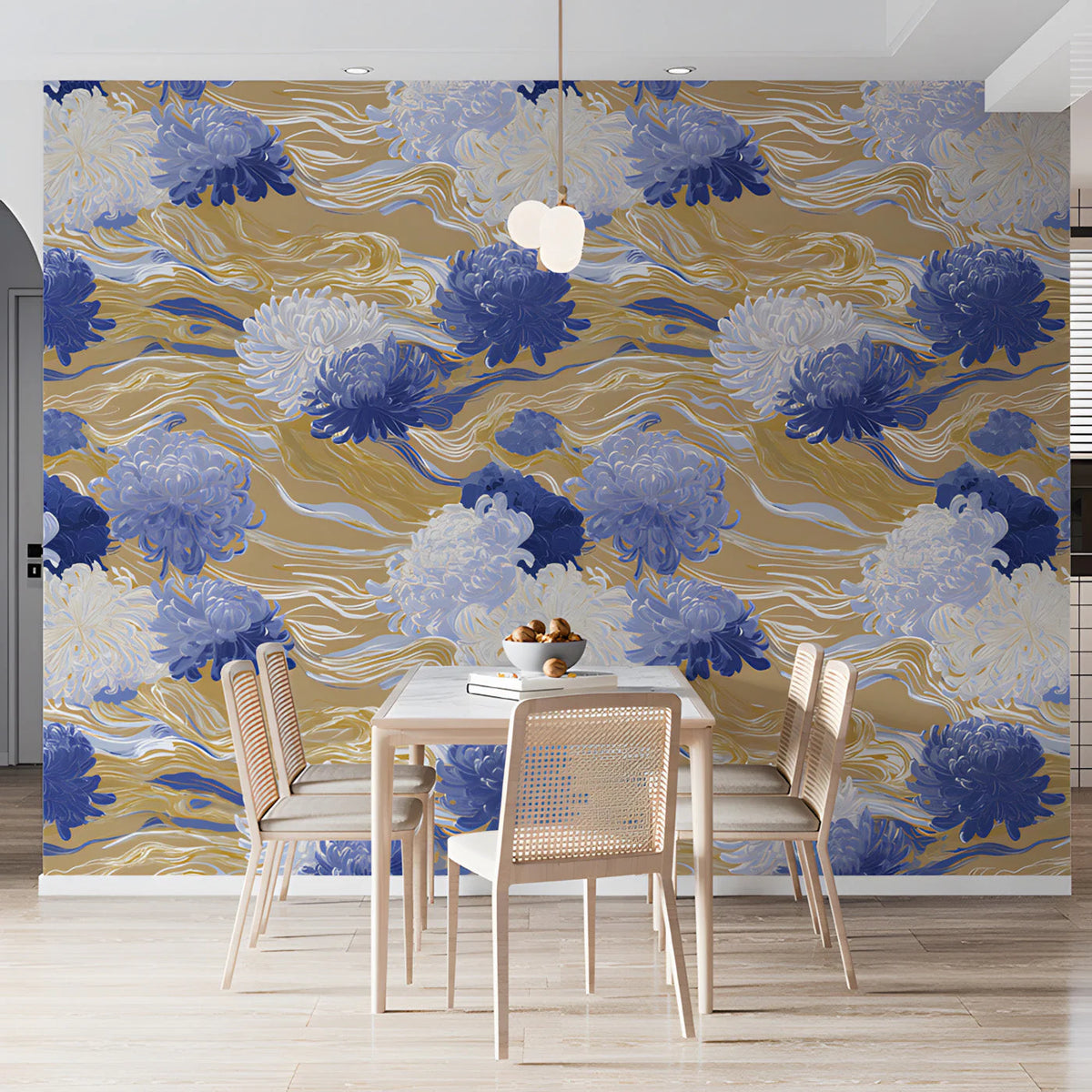 Chrysanthemum Wave Mural Wallpaper — Floral Art Nouveau Inspired Mural Wallpaper - room preview 03