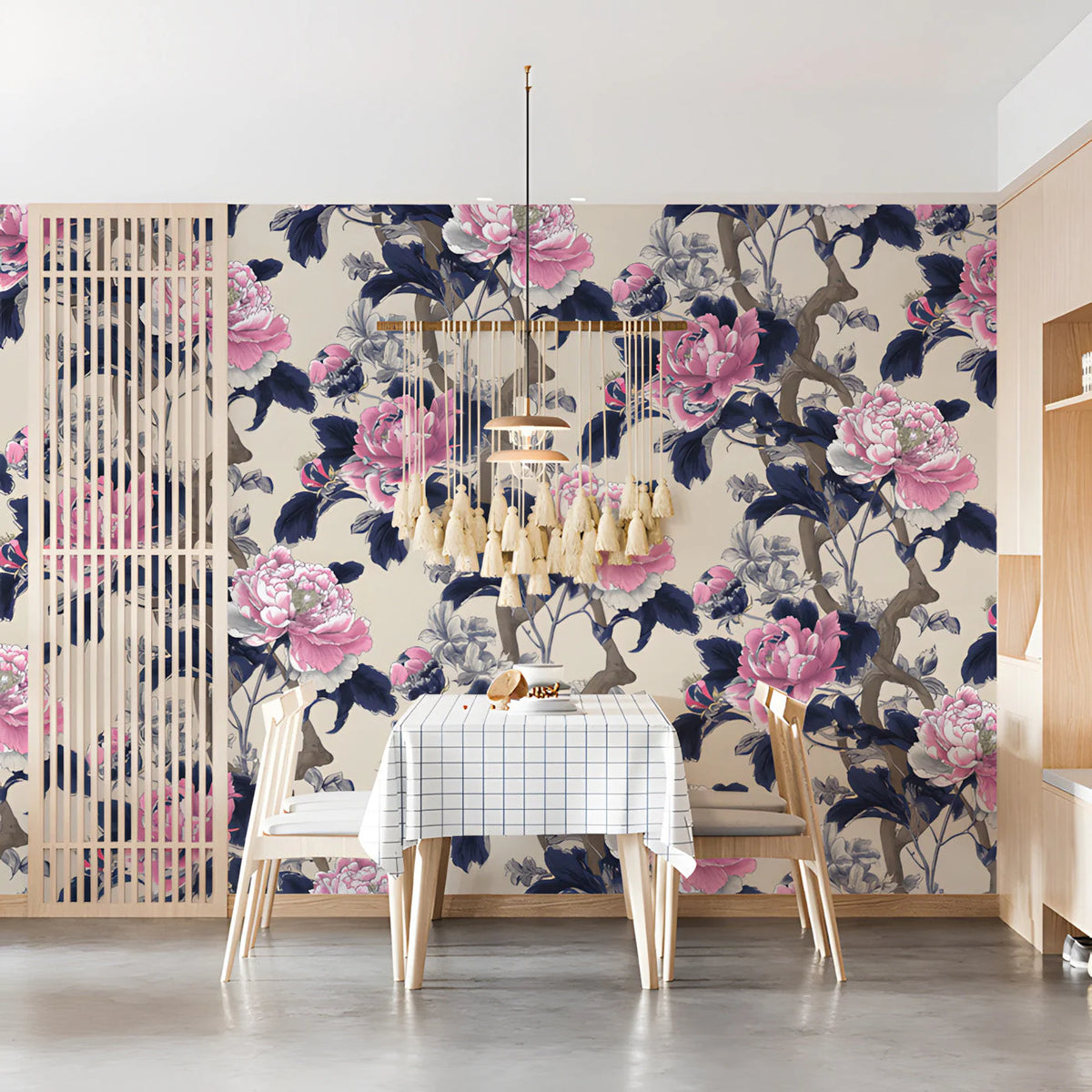 Chinoiserie Peony Floral Mural Wallpaper in Pink and Navy Mural Wallpaper - room preview 03