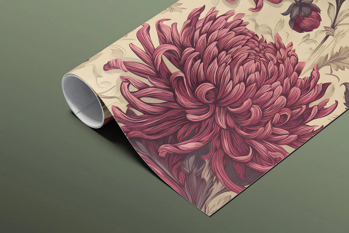 Vintage Chrysanthemum Floral Mural Wallpaper in Deep Raspberry Mural Wallpaper - room preview 03