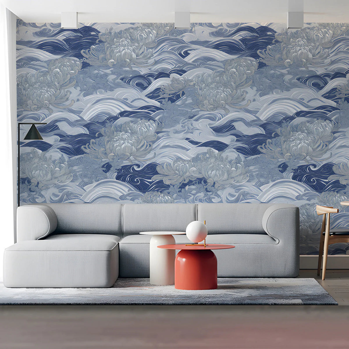 Chrysanthemum Wave Mural Wallpaper in Indigo Blue Mural Wallpaper - room preview 03