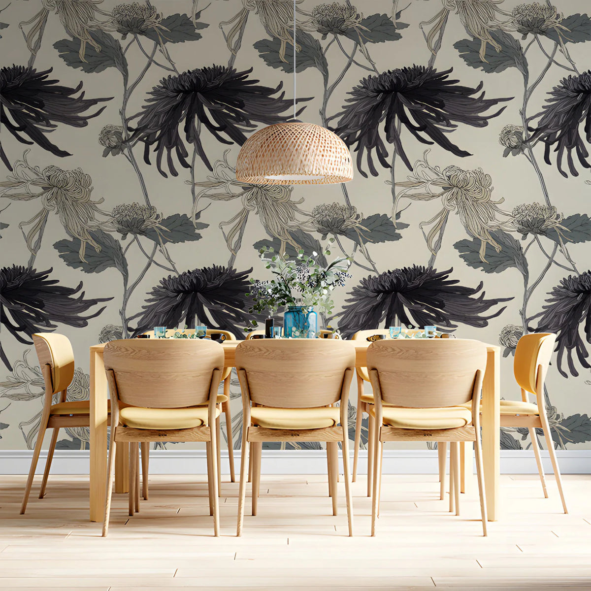 Vintage Botanical Chrysanthemum Mural Wallpaper in Muted Tones Mural Wallpaper - room preview 03