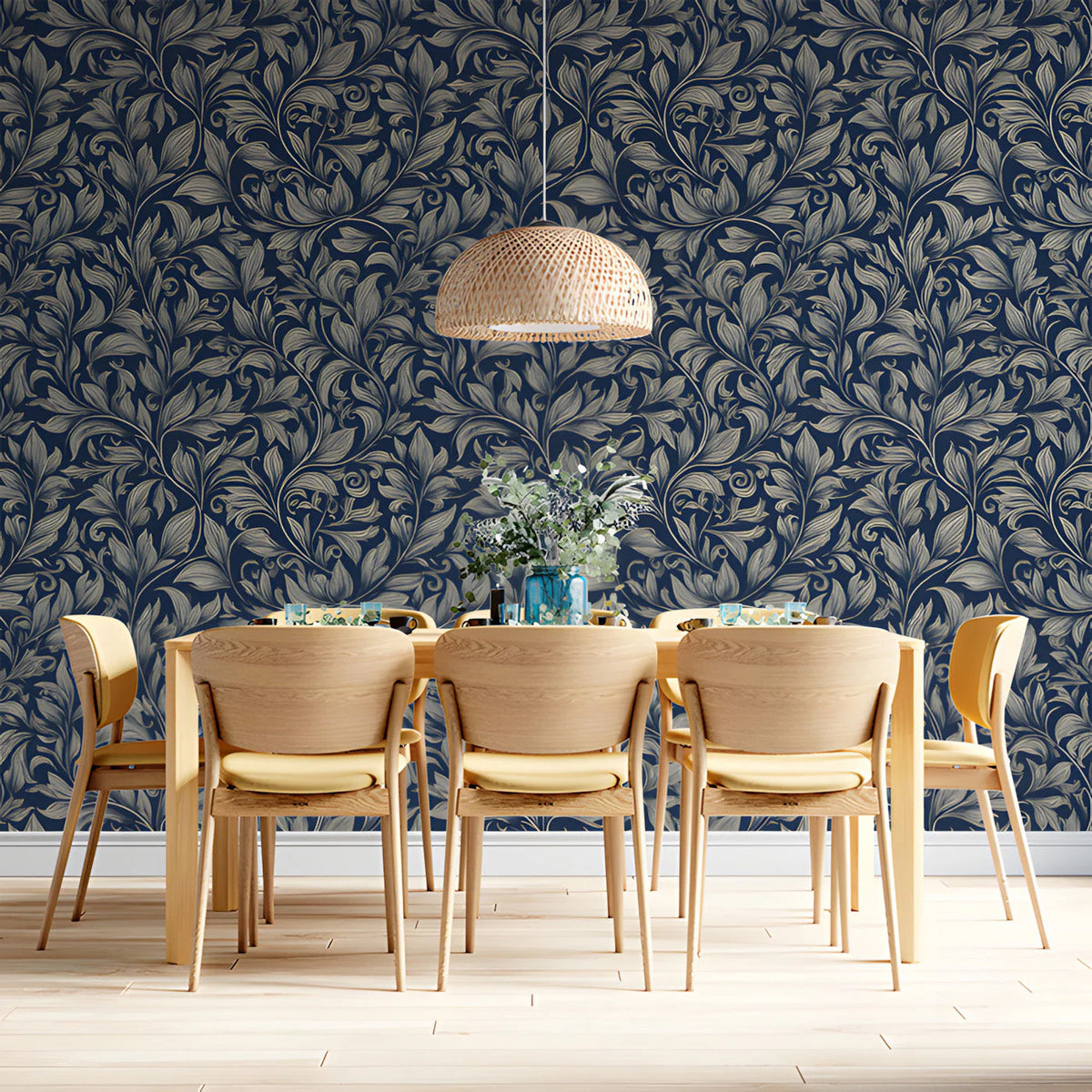 Midnight Heirloom Scroll Mural Wallpaper — Vintage Navy Floral Mural Wallpaper - room preview 03