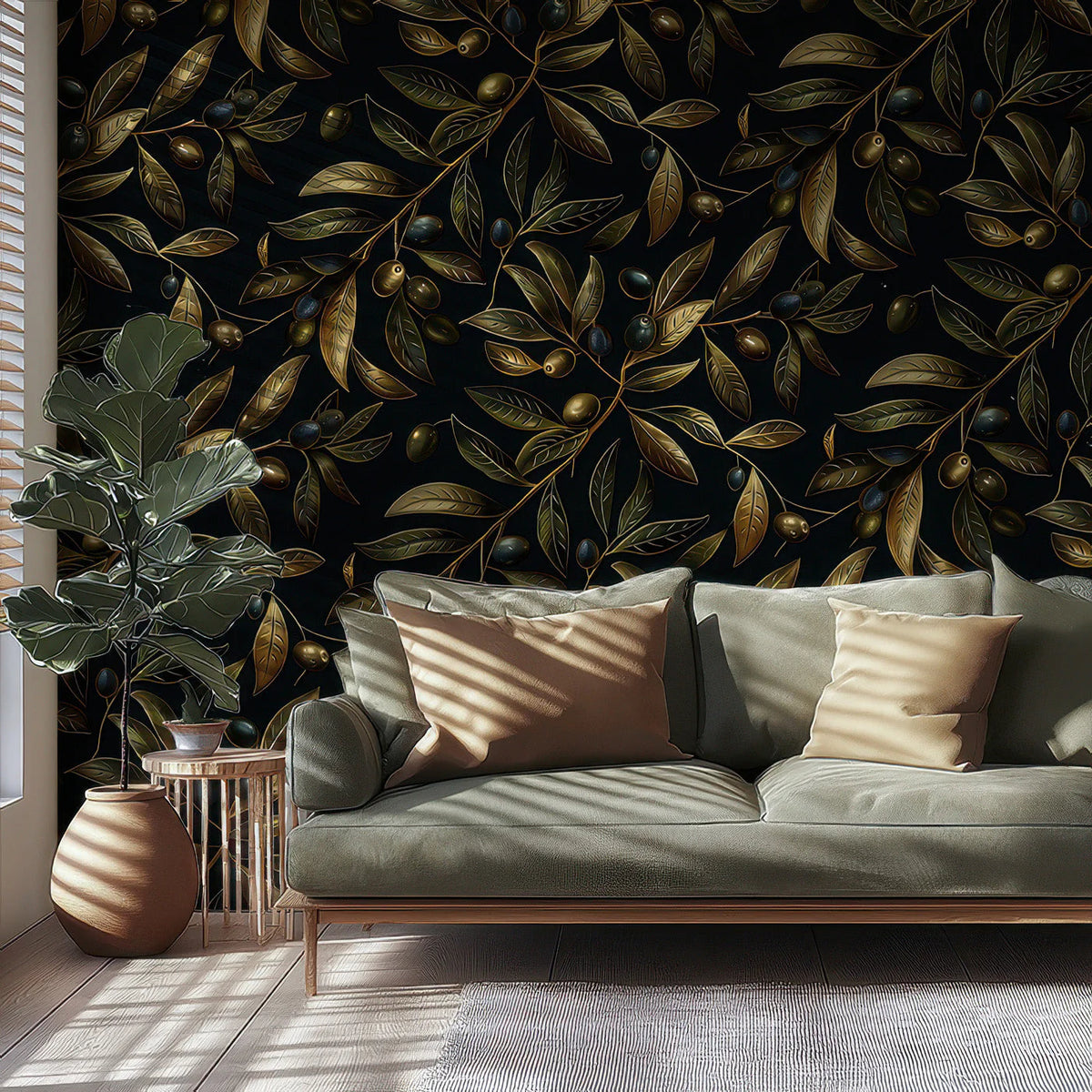 Gilded Olive Branch Mural Wallpaper — Sophisticated Botanical Mural Wallpaper - room preview 03