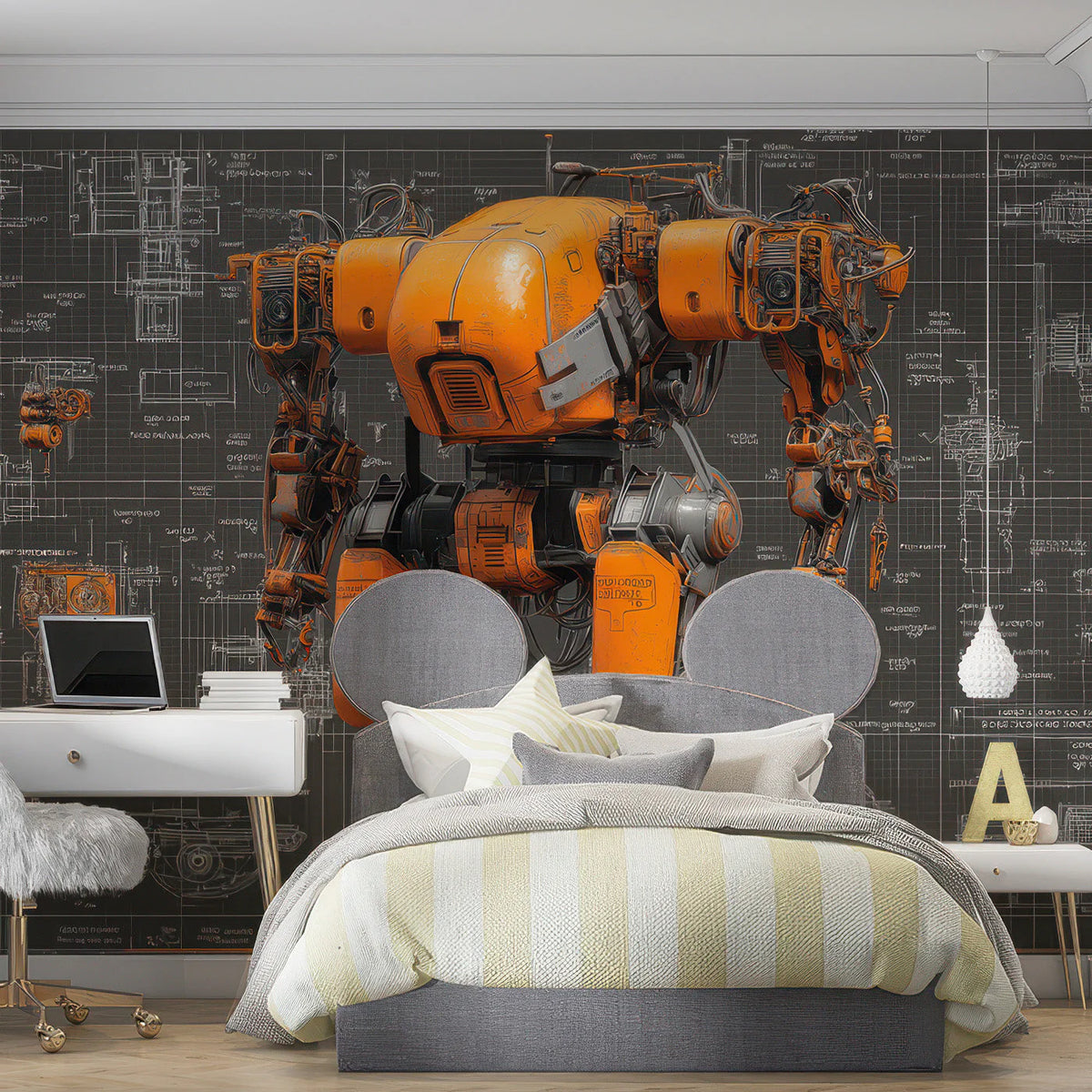 Industrial Mech Blueprint Mural Wallpaper — Bold Orange Design Mural Wallpaper - room preview 03