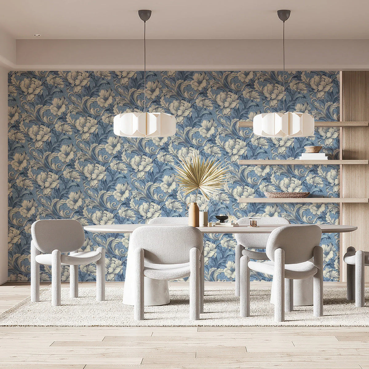 Vintage Floral Damask Mural Wallpaper in Blue and Cream Mural Wallpaper - room preview 03