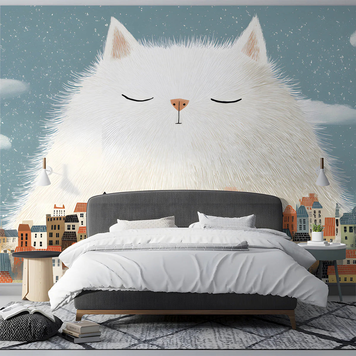 Giant Fluffy Cat Over City Mural Wallpaper — Whimsical Decor Mural Wallpaper - room preview 03