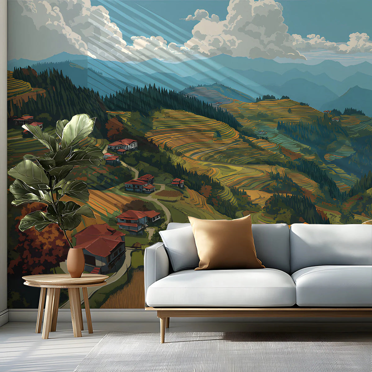 Terraced Rice Field Landscape Mural Wallpaper — Scenic Horizon Mural Wallpaper - room preview 03