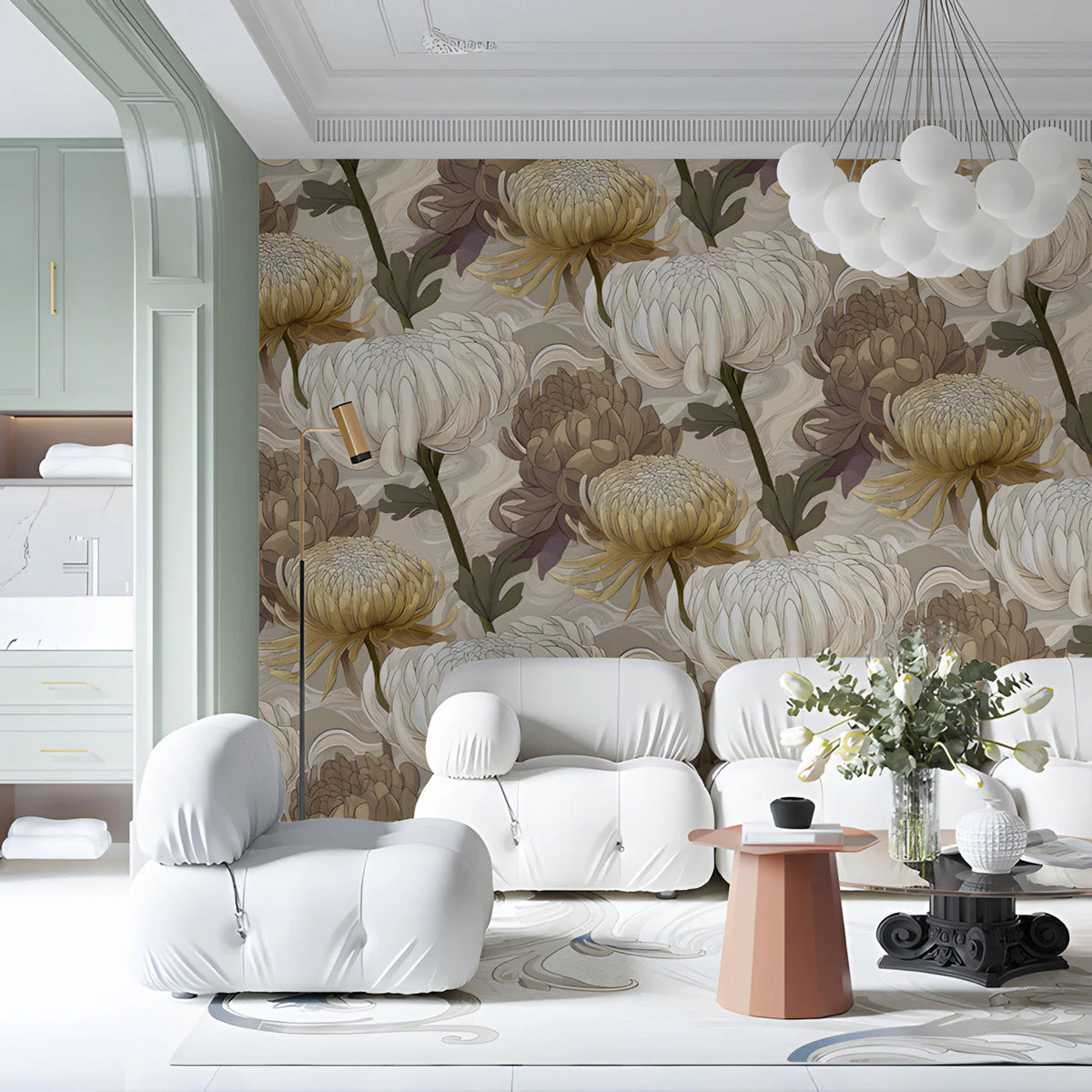 Chrysanthemum Bloom Mural Wallpaper — Earthy Floral Design Mural Wallpaper - room preview 03