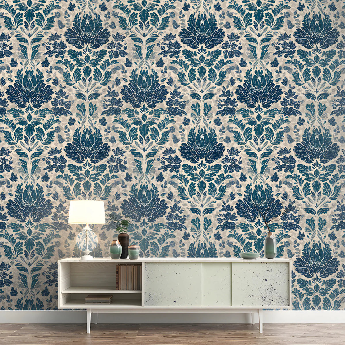 Midnight Damask Mural Wallpaper in Navy and Cream Mural Wallpaper - room preview 03