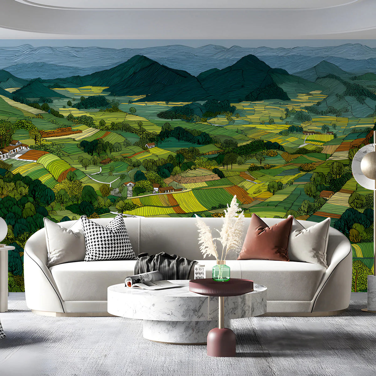 Rolling Hills Landscape Mural Wallpaper — Sketch Style Art Mural Wallpaper - room preview 03
