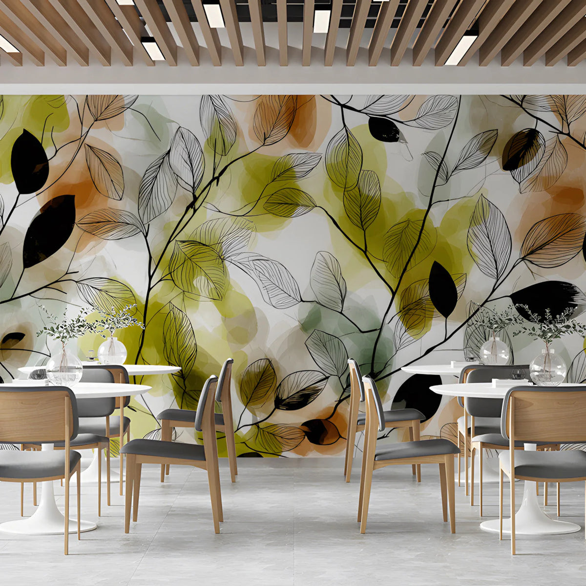 Abstract Botanical Leaf Mural Wallpaper — Modern Sketch Style Mural Wallpaper - room preview 03