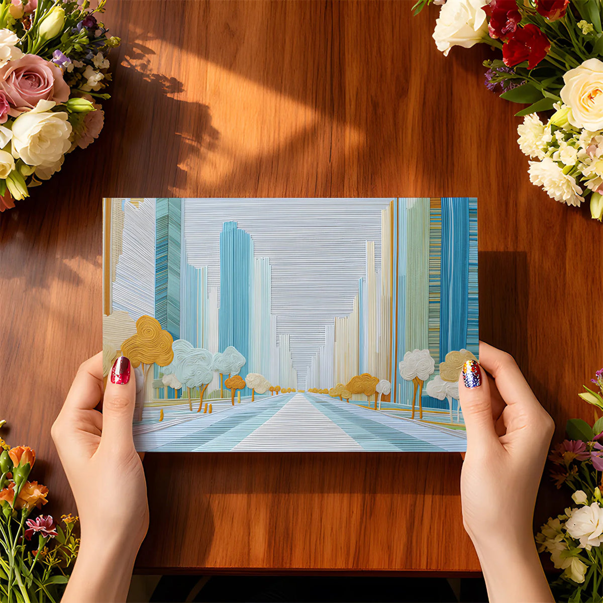 Modern Cityscape Mural Wallpaper with Textured Abstract Lines Mural Wallpaper - room preview 03