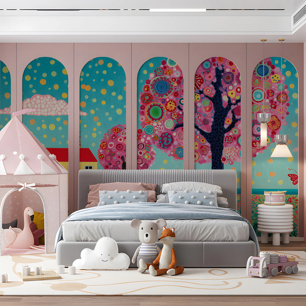 Whimsical Meadow Garden Mural Wallpaper — Bright Folk Art Style Mural Wallpaper - room preview 03