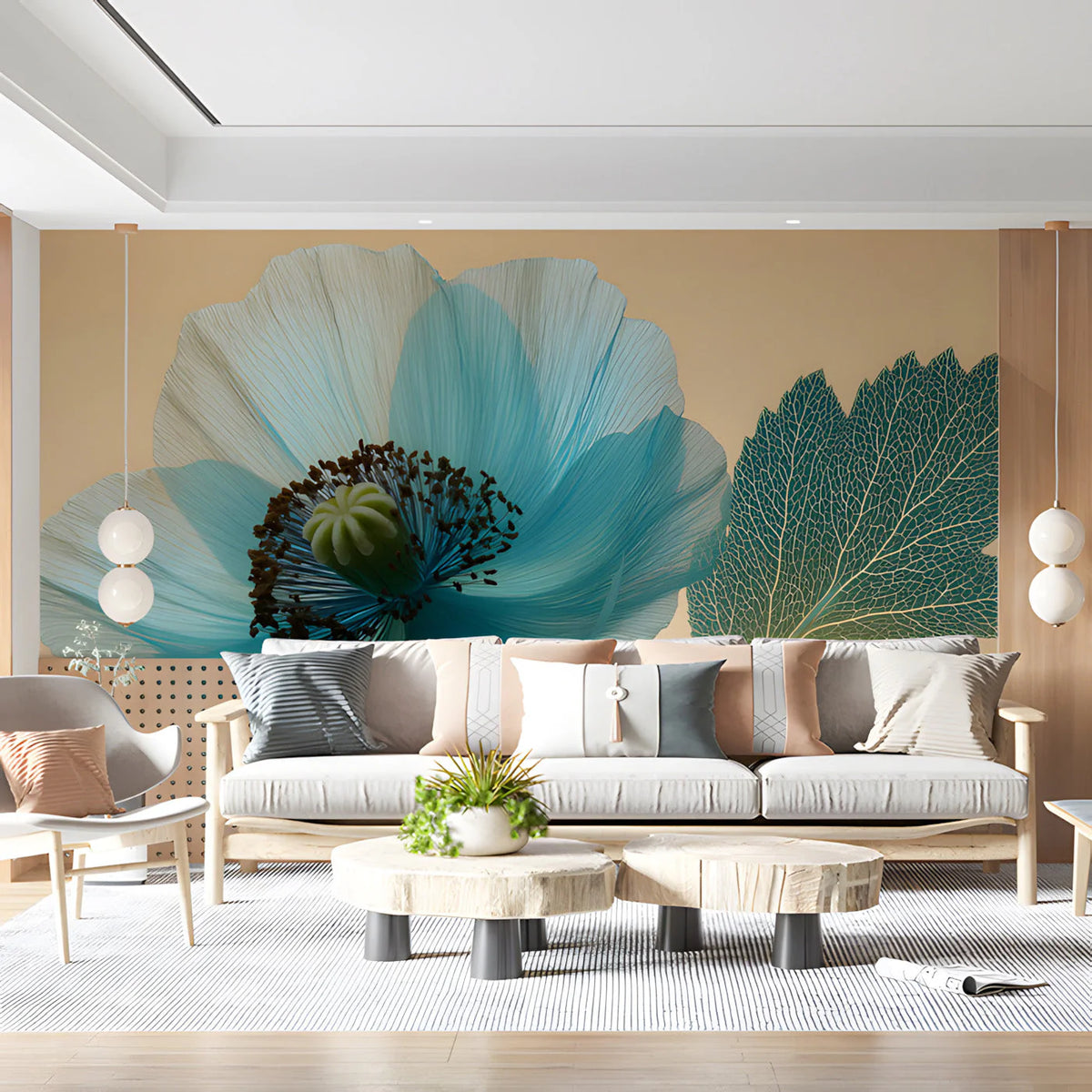 Cyan Poppy Botanical Mural Wallpaper — Soft Macro Floral Art Mural Wallpaper - room preview 03