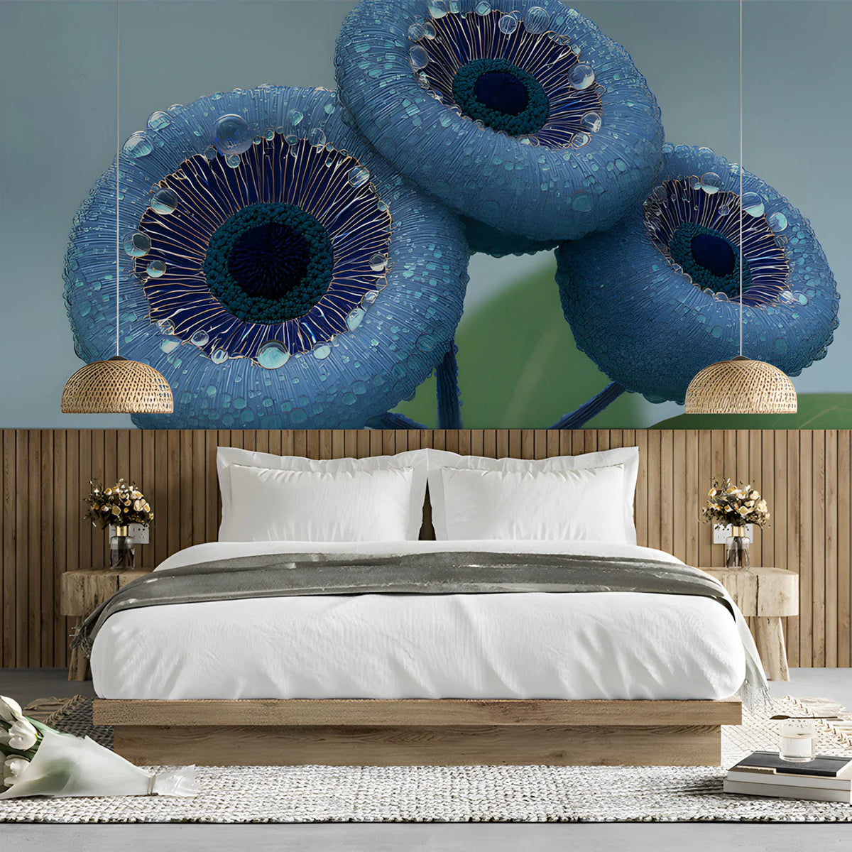 Dewy Botanical Macro Mural Wallpaper — Blue Floral Art Mural Wallpaper - room preview 03