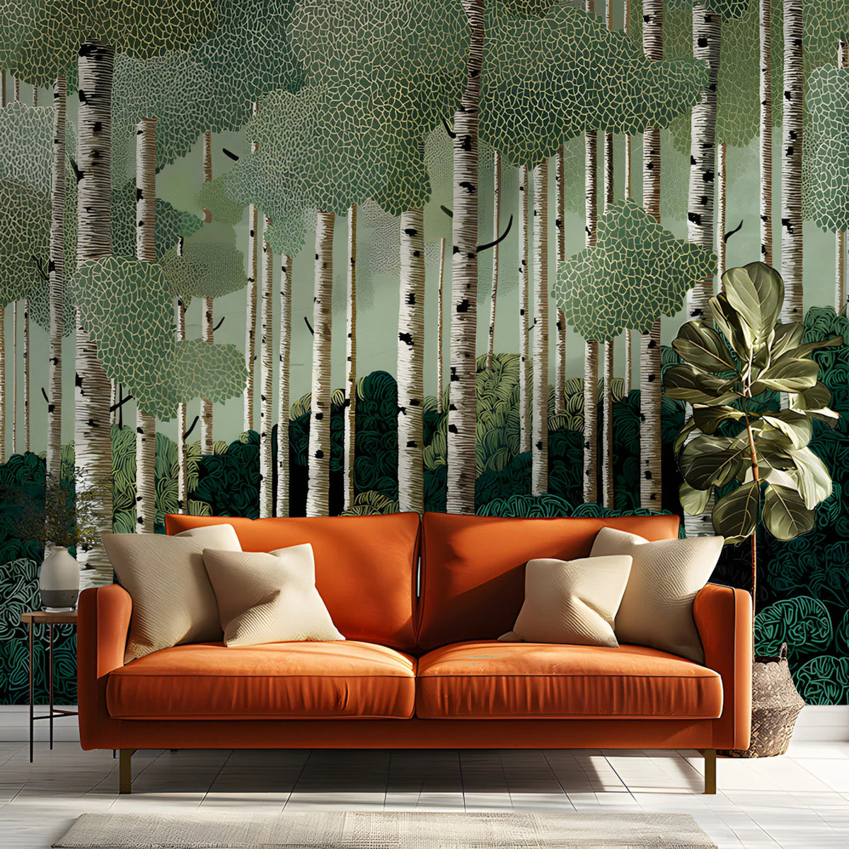 Birch Forest Mural Wallpaper with Botanical Line Art Mural Wallpaper - room preview 03