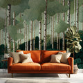 Birch Forest Mural Wallpaper with Botanical Line Art Mural Wallpaper - room preview 03