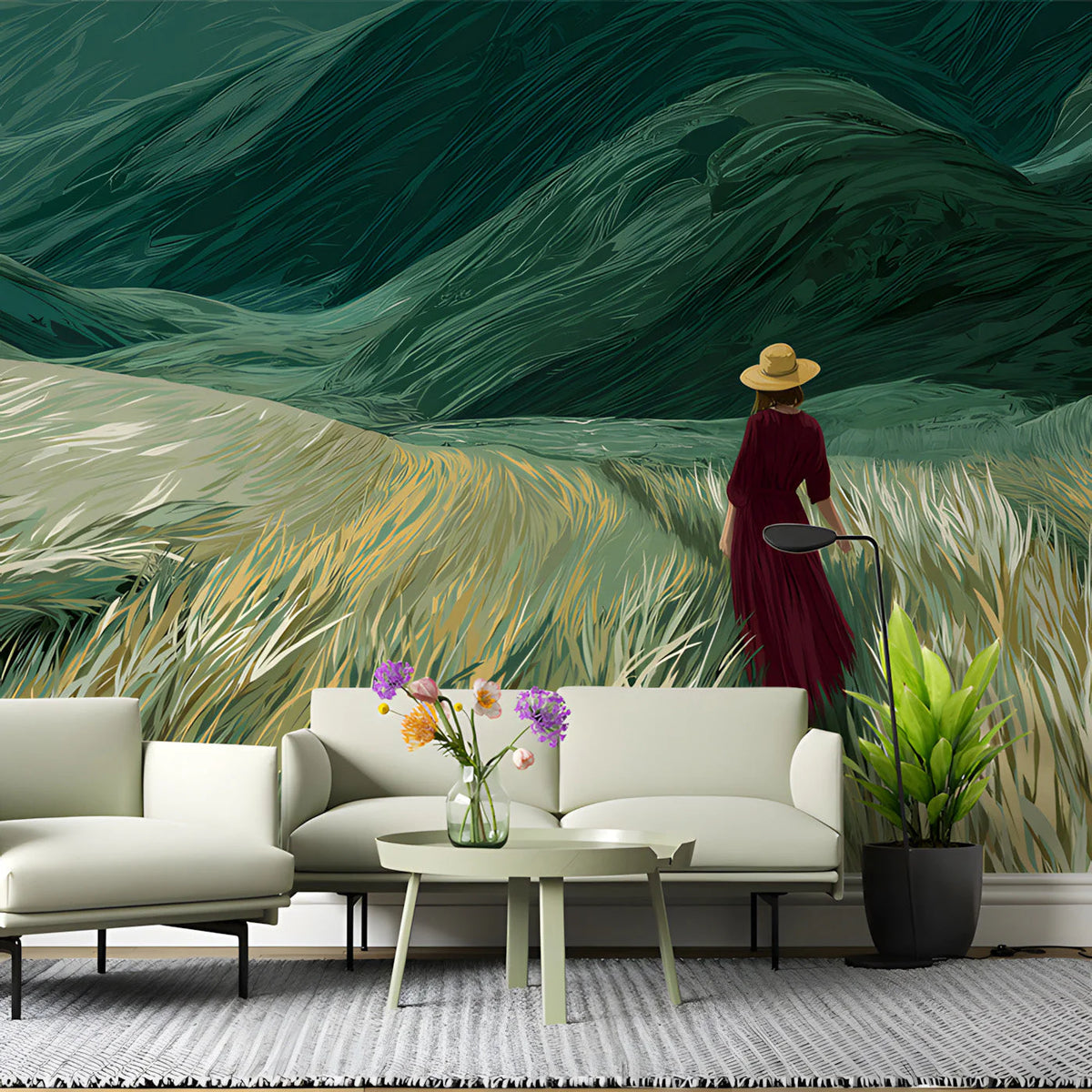 Woman in Field Mural Wallpaper —Painterly Landscape Design Mural Wallpaper - room preview 03