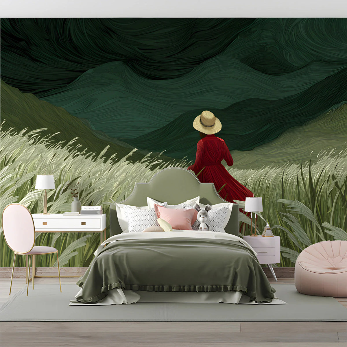 Woman in Red Field Mural Wallpaper — Moody Impressionistic Landscape Mural Wallpaper - room preview 03