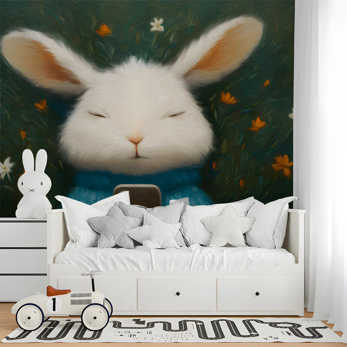 Cozy Rabbit with Smartphone Mural Wallpaper — Whimsical Art Mural Wallpaper - room preview 03