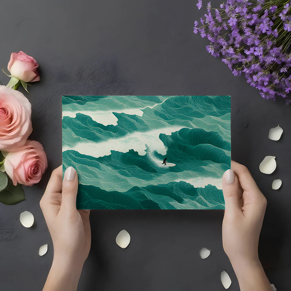 Surfer Riding Teal Ocean Waves Mural Wallpaper - room preview 03