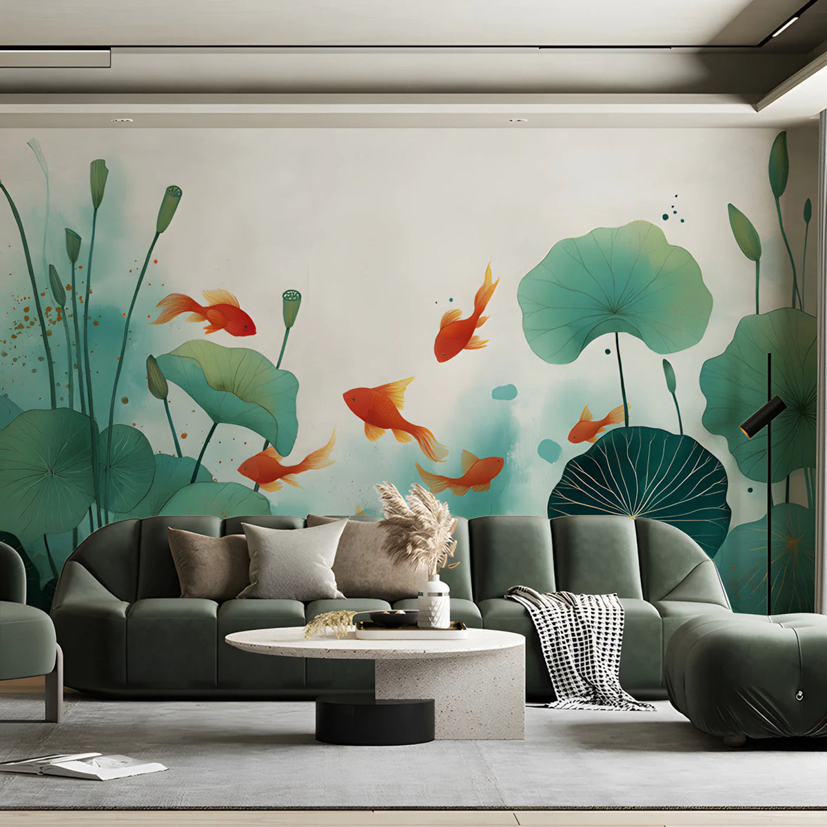 Koi Pond Botanical Mural Wallpaper — Watercolor Nature Design Mural Wallpaper - room preview 03
