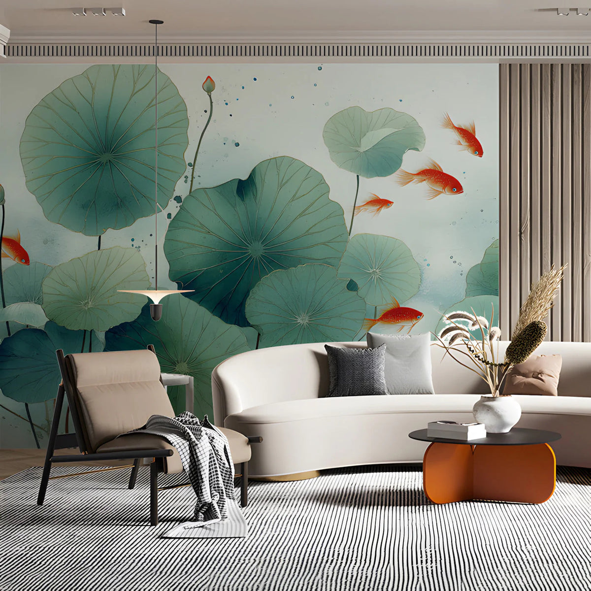 Koi Pond Lotus Mural Wallpaper in Soft Teal and Vibrant Orange Mural Wallpaper - room preview 03