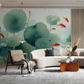 Koi Pond Lotus Mural Wallpaper in Soft Teal and Vibrant Orange Mural Wallpaper - room preview 03