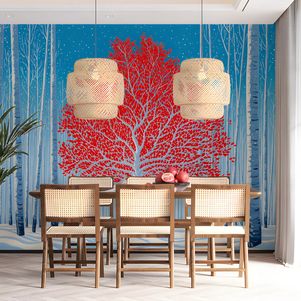Vibrant Red Tree in Winter Forest Mural Wallpaper - room preview 03