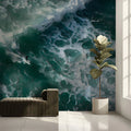 Aerial Surfer Wave Mural Wallpaper — Moody Coastal Ocean Art Mural Wallpaper - room preview 03