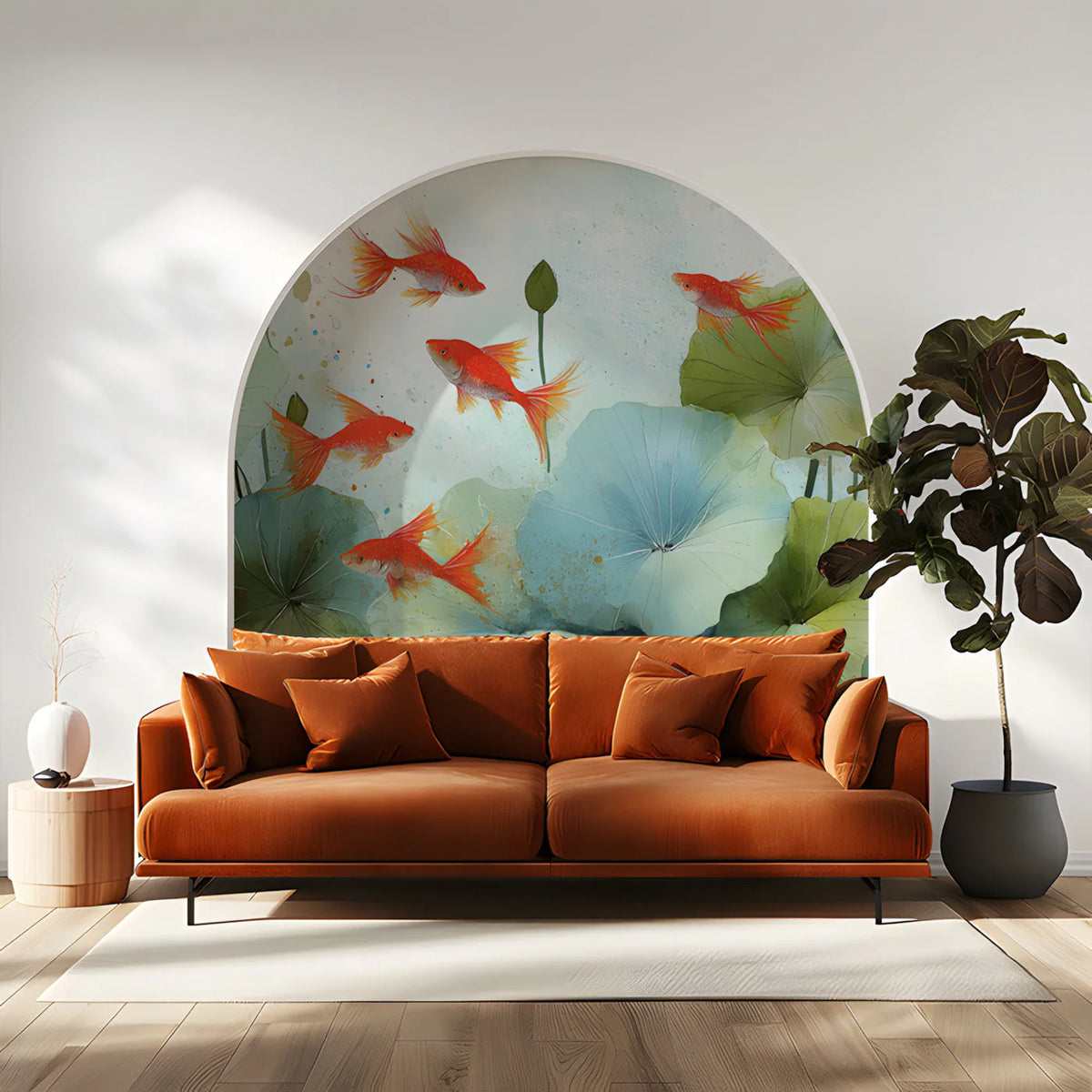 Koi Pond Watercolor Mural Wallpaper — Aquatic Botanical Design Mural Wallpaper - room preview 03