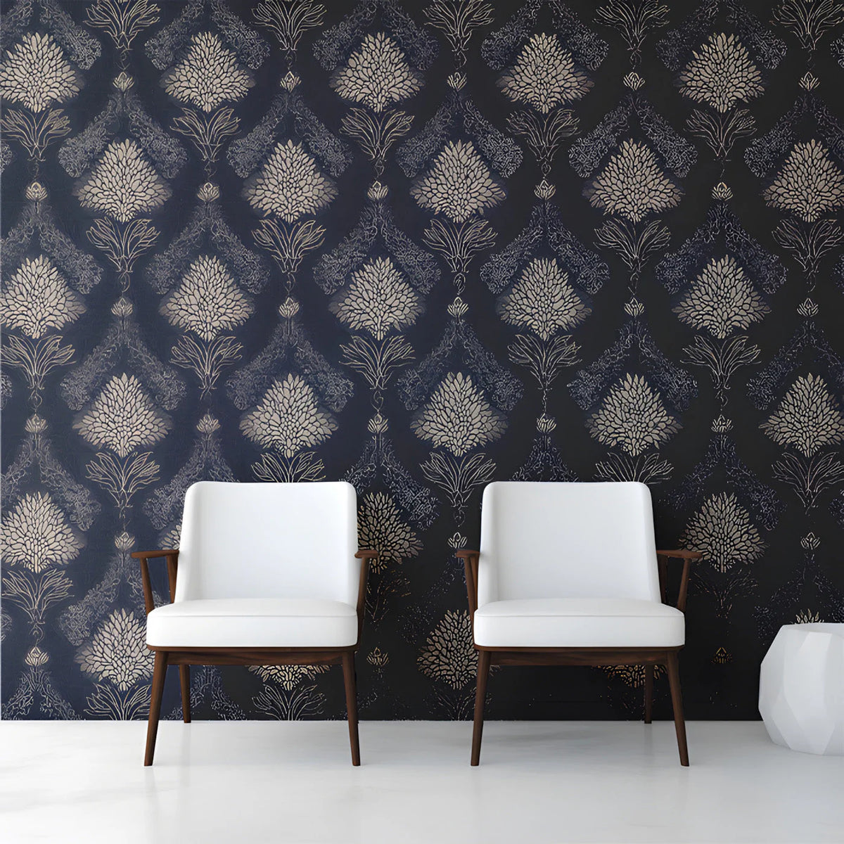 Damask Floral Silhouette Mural Wallpaper in Navy and Soft Beige Mural Wallpaper - room preview 03