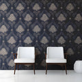 Damask Floral Silhouette Mural Wallpaper in Navy and Soft Beige Mural Wallpaper - room preview 03