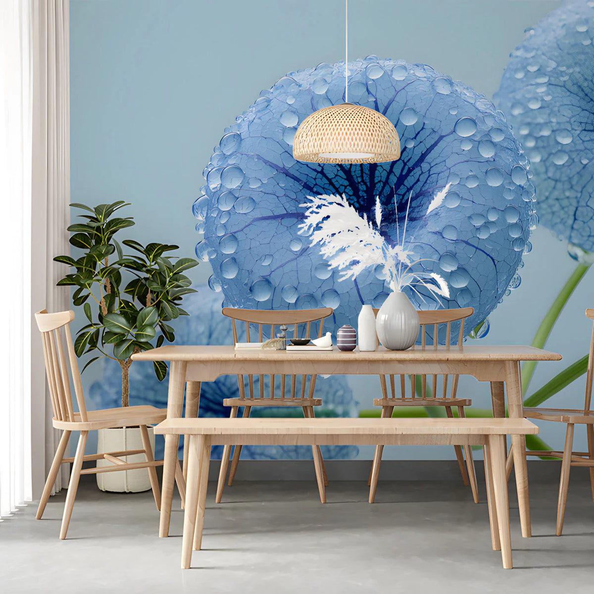 Dewy Blue Botanical Mural Wallpaper — Minimalist Nature Mural Wallpaper - room preview 03
