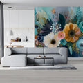 Abstract Floral Mural Wallpaper in Teal and Ochre Brushstrokes Mural Wallpaper - room preview 03