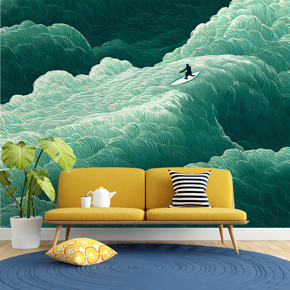 Surfer on Emerald Waves Mural Wallpaper — Stylized Sea Motif Mural Wallpaper - room preview 03